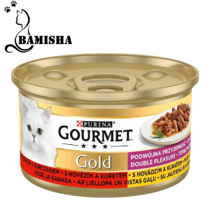 کنسرو گربه گلد گورمت با گوشت گاو در سس وزن 85 گرم