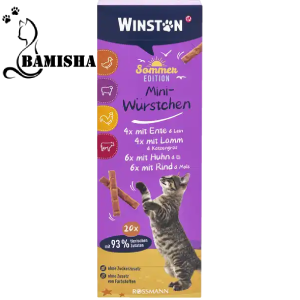 تشویقی گربه وینستون مدل سوسیسی با طعم اردک و کتان،بره و علف گربه، مرغ و تخم‌مرغ،گوشت گاو و مالت پک 20 عددی