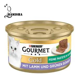 کنسرو گربه گورمت گلدبا طعم گوشت بره و لوبیا سبز 85 گرم