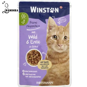 پوچ گربه وینستون با طعم گوشت شکار و اردک درژله 100گرم