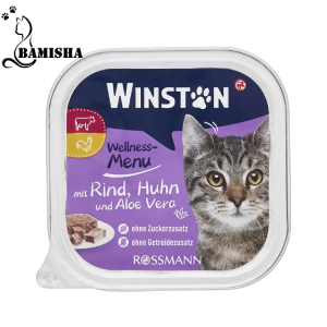 ووم کاسه ای گربه وینستون با طعم گوشت گاو مرغ و آلوئه ورا وزن 100 گرم